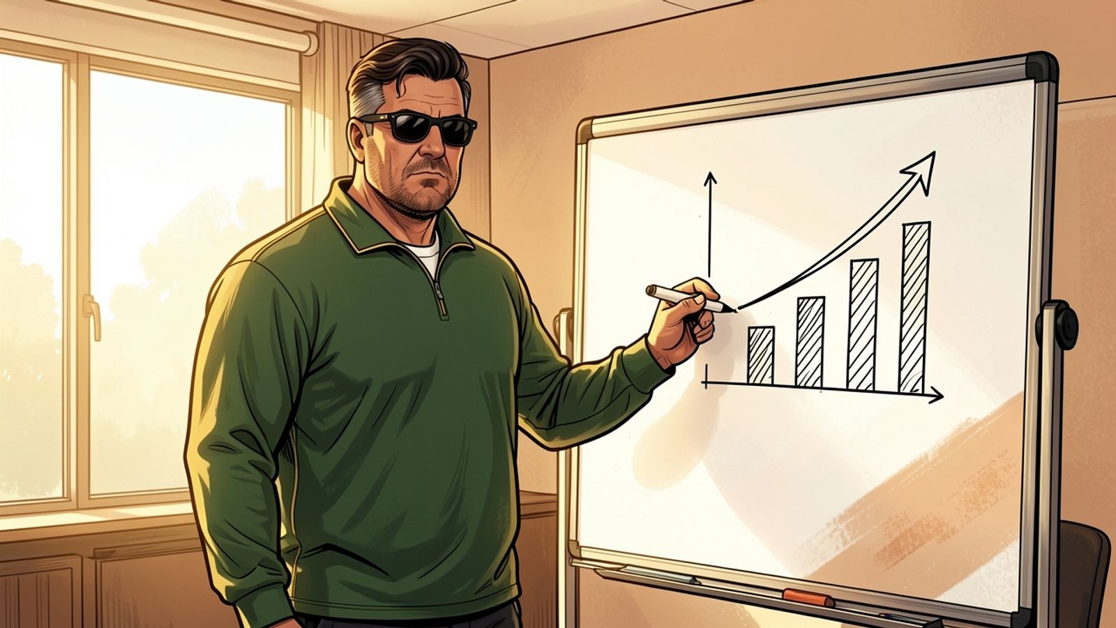 Rassie points at a whiteboard covered in a bar chart and a rising arrow.