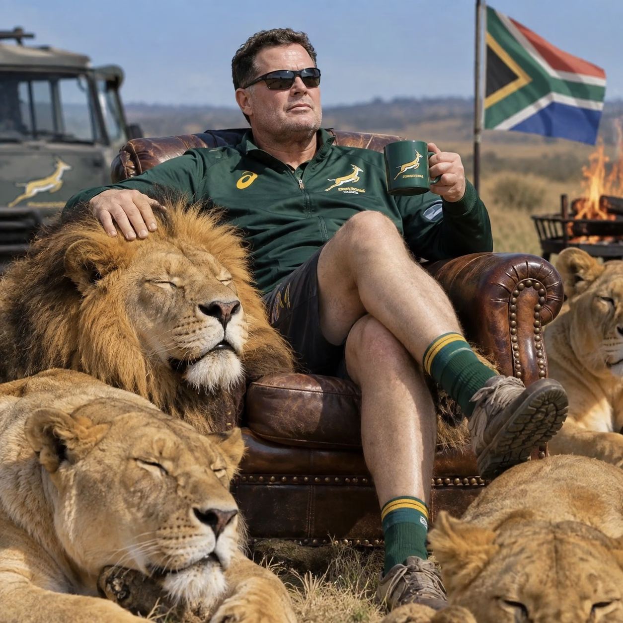 Parody illustration: Rassie, in green, relaxes in a leather armchair on the savanna with a mug in hand while a pride of lions sleeps around him.